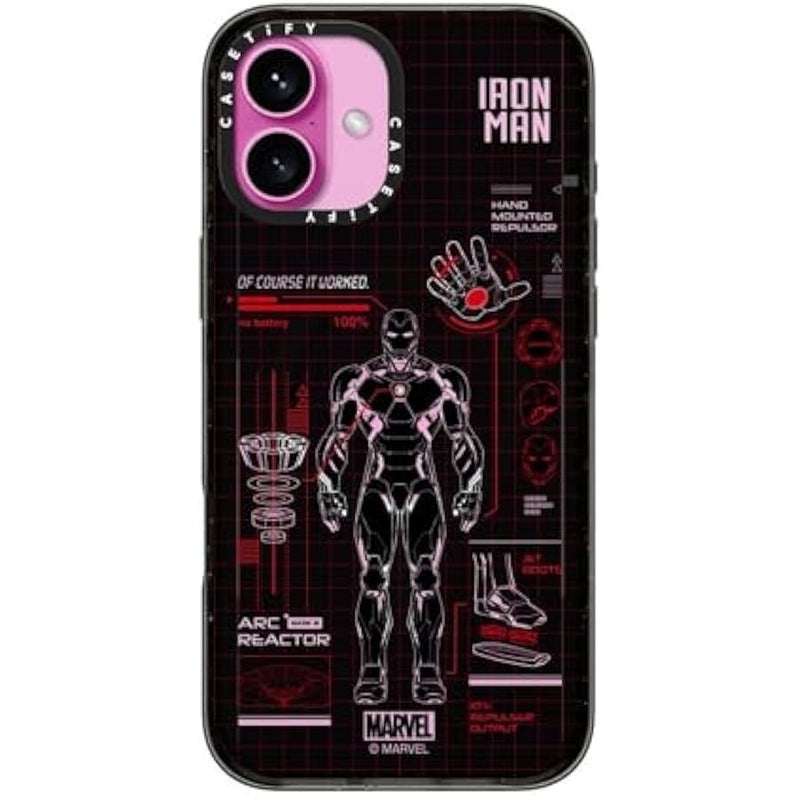 Casetify Impact iPhone 16 Plus Case 【Iron Man Co-Lab / 4X Military Grade Drop Tested / 8.2ft Drop Protection/Compatible with Magsafe】 - Iron Man Blue Print Tech - Red - Clear Black - Image 2