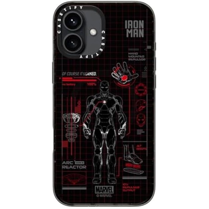 Casetify Impact iPhone 16 Plus Case 【Iron Man Co-Lab / 4X Military Grade Drop Tested / 8.2ft Drop Protection/Compatible with Magsafe】 - Iron Man Blue Print Tech - Red - Clear Black - Image 5