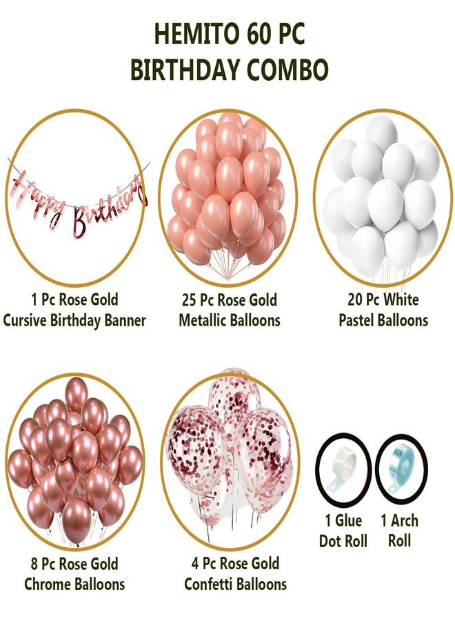 Hemito Birthday Decoration Kit 60 pc Rose Gold and White Metallic Balloons Combo with Birthday Banner, Arc, Glue Dot for Girls Kids Baby Birthday Decoration Items | Birthday Decoration Combo - Image 2