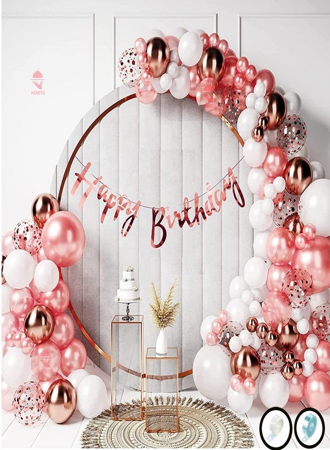 Hemito Birthday Decoration Kit 60 pc Rose Gold and White Metallic Balloons Combo with Birthday Banner, Arc, Glue Dot for Girls Kids Baby Birthday Decoration Items | Birthday Decoration Combo - Image 1