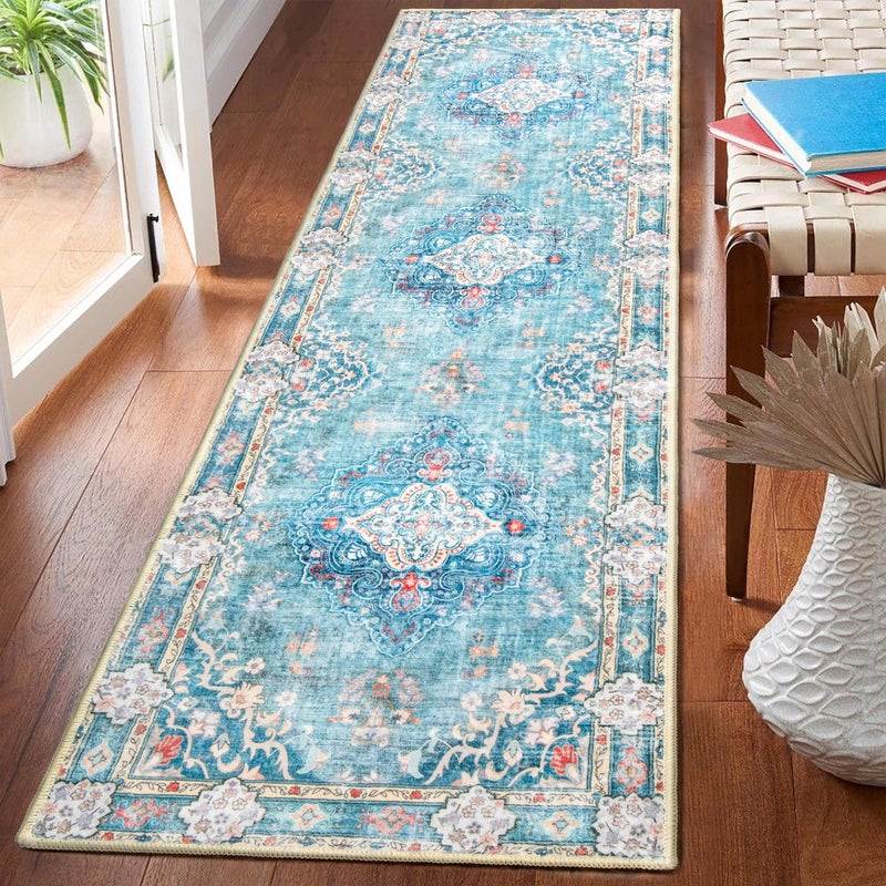 MUJOO Hallway Runner Rug 2'x8' Teal Long Rug Runners Boho Machine Washable Non Slip Carpet for Entryway Kitchen Bathroom Bedside Retro Soft Low-Pile Blossom - Image 1
