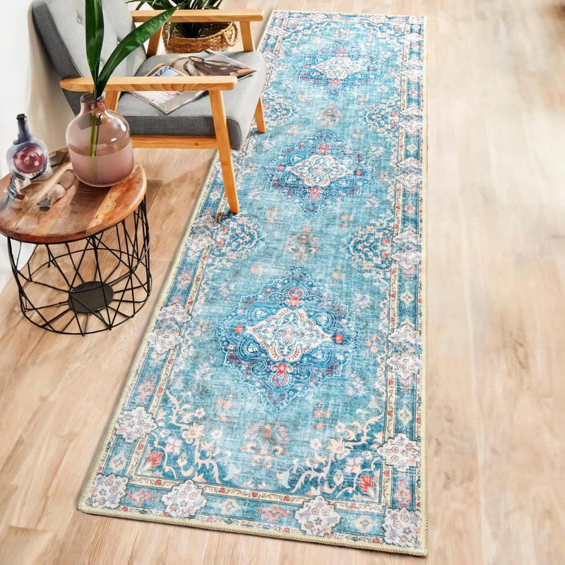 MUJOO Hallway Runner Rug 2'x8' Teal Long Rug Runners Boho Machine Washable Non Slip Carpet for Entryway Kitchen Bathroom Bedside Retro Soft Low-Pile Blossom - Image 2