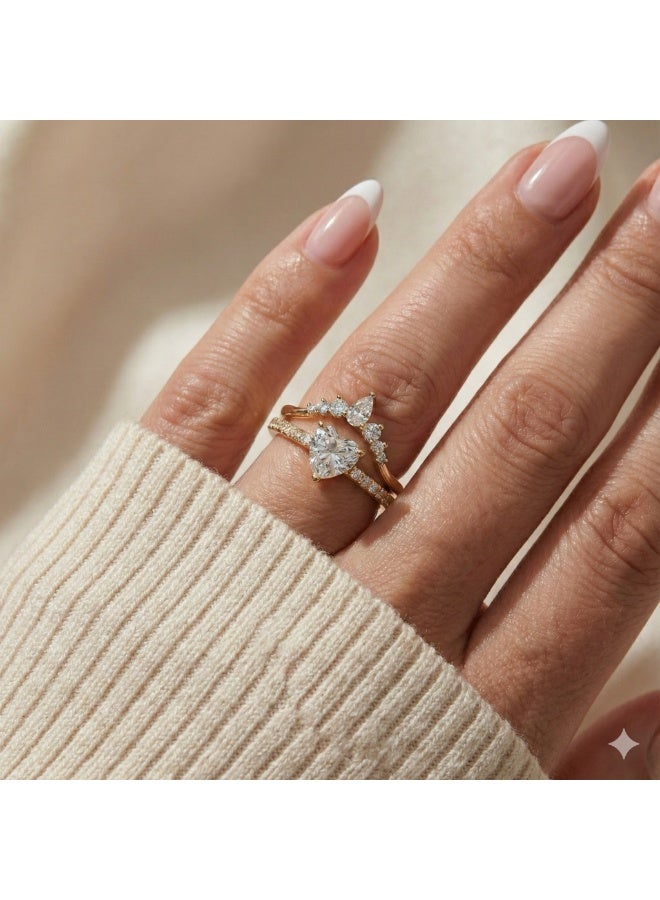 LAVEEN JEWELLERY Heart Solitaire & Pavé Accent Ring Set – 925 Sterling Silver, 18K Gold Plated, Cubic Zirconia, Stackable Luxury Rings for Women with Jewelry Box - Image 1