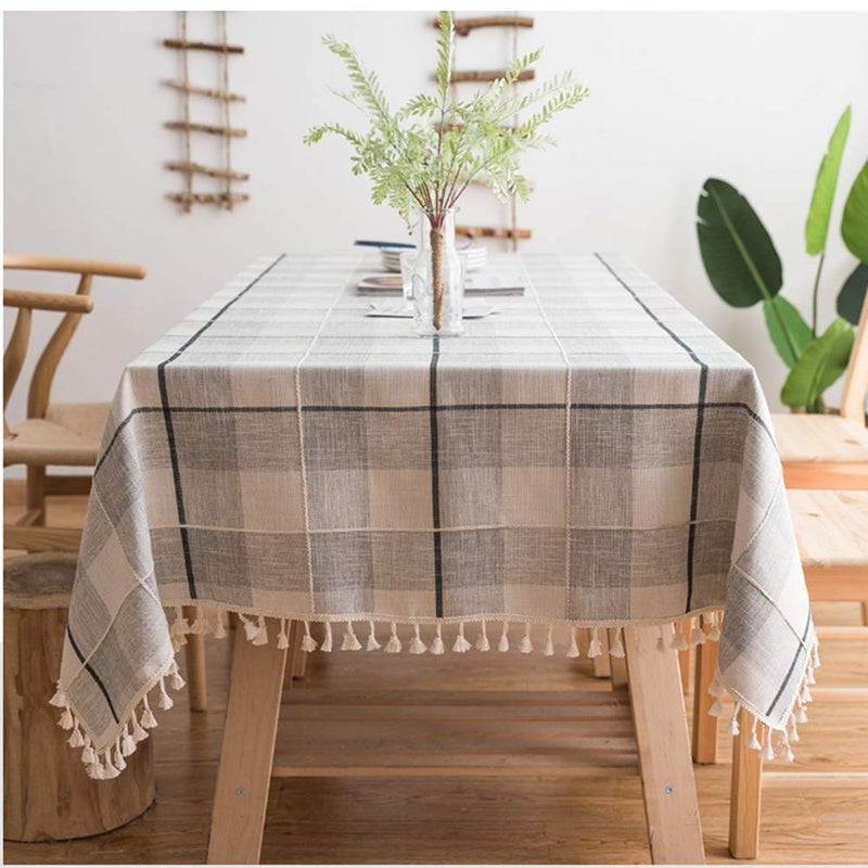 ColorBird Round Tablecloth Embroidery Checkered Tassel Cotton Linen Fabric DustProof Table Cover for Kitchen Dinning Tabletop Decoration Round 60 Inch GrayWhite