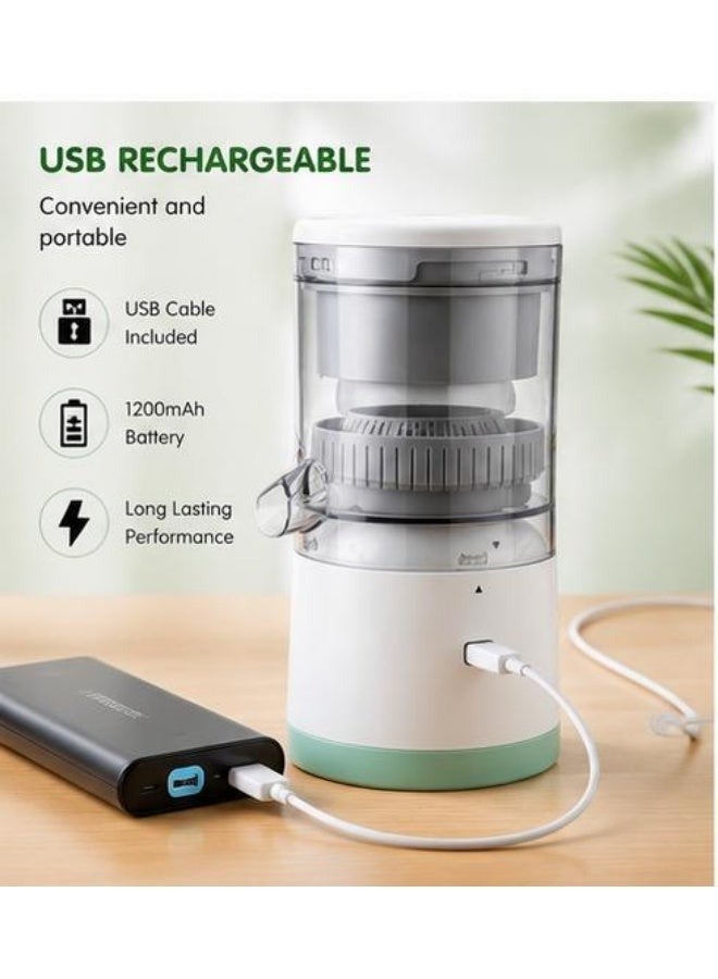 عصارة حمضيات كهربائية محمولة، صغيرة الحجم وقابلة للشحن عبر USB مناسبة لعصر البرتقال والليمون والجريب فروت مصنوعة من مواد آمنة غذائياً وخالية من مادة BPA باللونين الأبيض والأخضر. - Image 3