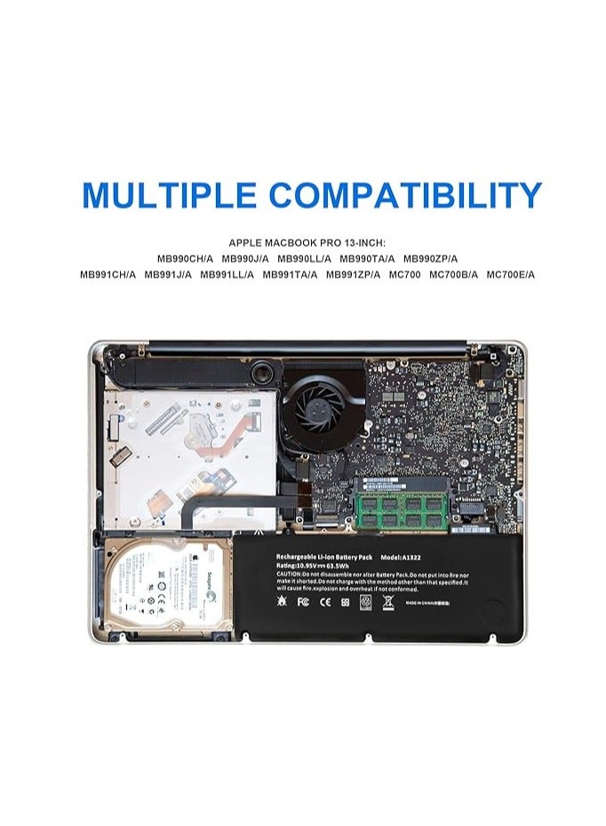 A1278 A1322 Laptop Battery Replacement for MacBook Pro 13" A1322 A1278 (Mid 2009, Mid 2010, Early and Late 2011, Mid 2012 Version) 10.95V 63.5WH 6 Cell - Image 5