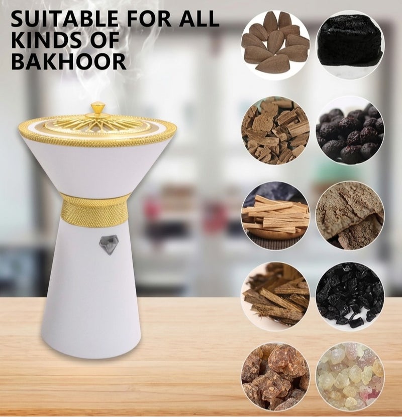 Bukhoor Portable Electric Incense Burner, USB Rechargeable Arabic Mabkhara, Luxury White and Gold Smart Oud Bukhoor Burner, Handheld Electronic Censer for Home, car and Office - Image 4