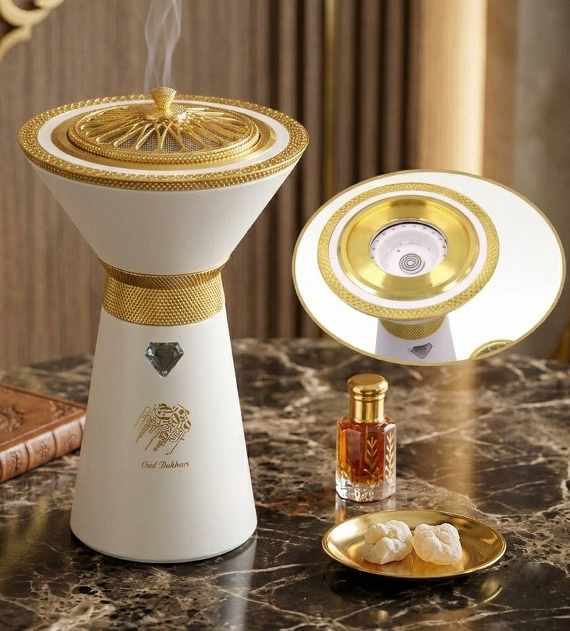 Bukhoor Portable Electric Incense Burner, USB Rechargeable Arabic Mabkhara, Luxury White and Gold Smart Oud Bukhoor Burner, Handheld Electronic Censer for Home, car and Office - Image 1