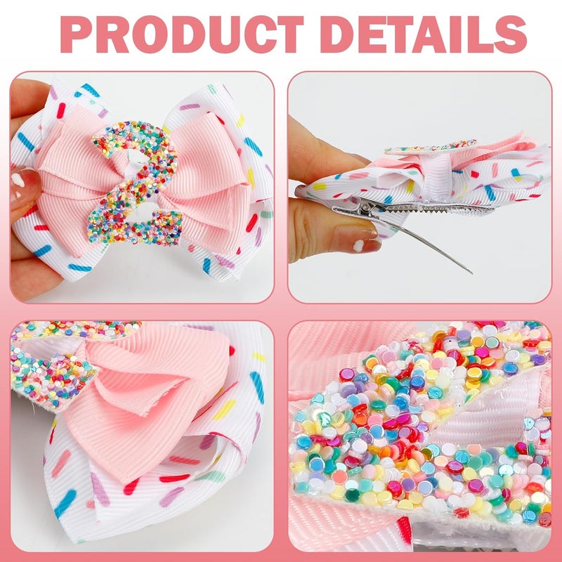 Dephnes 2Pcs Birthday Hair Bow for Girls 2nd Birthday Hair Clips with Confetti Ice Cream Design Pink Party Hair Accessories for Baby Girls - Image 3