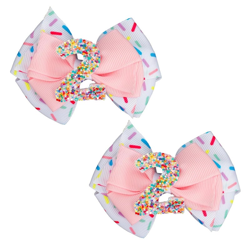 Dephnes 2Pcs Birthday Hair Bow for Girls 2nd Birthday Hair Clips with Confetti Ice Cream Design Pink Party Hair Accessories for Baby Girls - Image 1