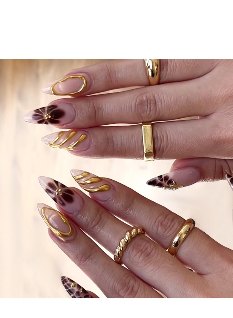 JOSQUEWNN Press on nails, 24PCS,Wearable Nail Tips with Semi-Handmade Epoxy Transfer Printing, Cross-Border Gold Powder Fake Nails, Fashionable Stick-On Design,Fake Acrylic Nails With Glue Kit. - Image 1