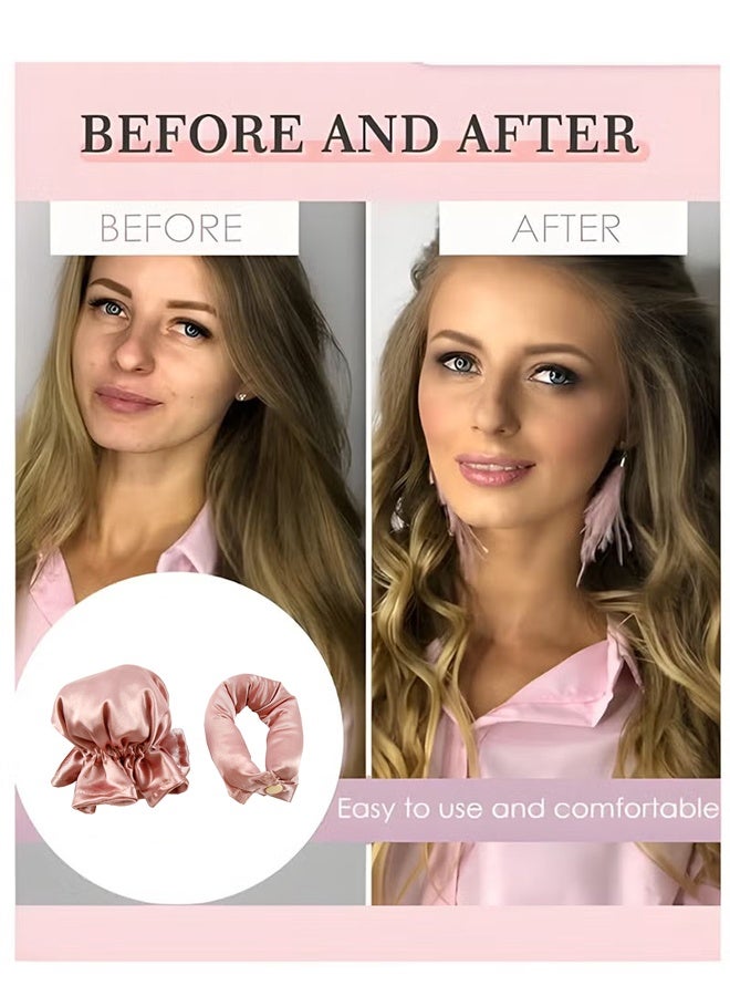 طقم من قطعتين من مكواة تجعيد الشعر الجديدة تمامًا ذات اللمسة النهائية الساتينية بدون حرارة مع غطاء، وعصابة رأس ناعمة لمكواة التجعيد، مناسبة للشعر الطويل، ويمكن ارتداؤها طوال الليل (وردي) - Image 2