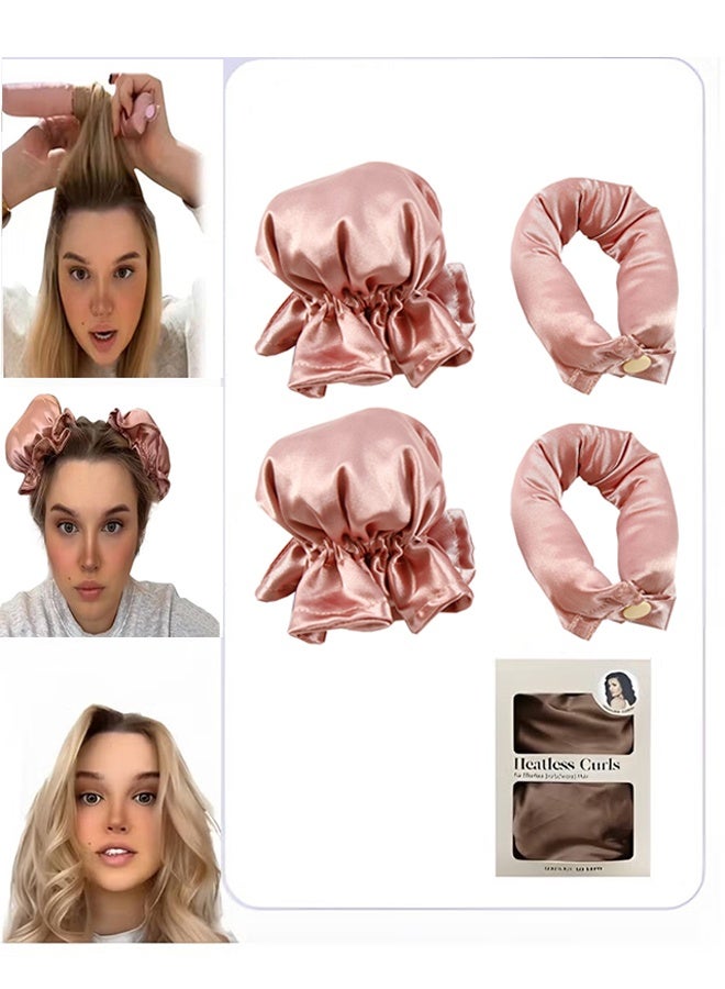 طقم من قطعتين من مكواة تجعيد الشعر الجديدة تمامًا ذات اللمسة النهائية الساتينية بدون حرارة مع غطاء، وعصابة رأس ناعمة لمكواة التجعيد، مناسبة للشعر الطويل، ويمكن ارتداؤها طوال الليل (وردي) - Image 1