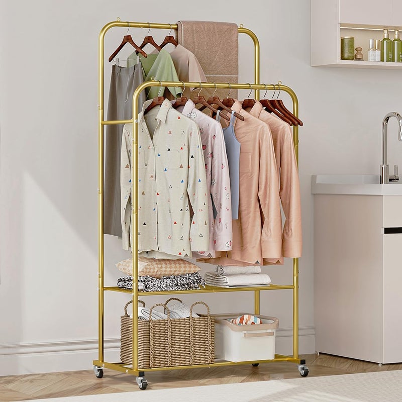 SUOERNUO Clothes Rack with Wheels Garment Rack for Hanging Heavy-Duty Clothing Rack Metal Rolling Clothes Shelves for Bedroom, Closet (Golden) - Image 4