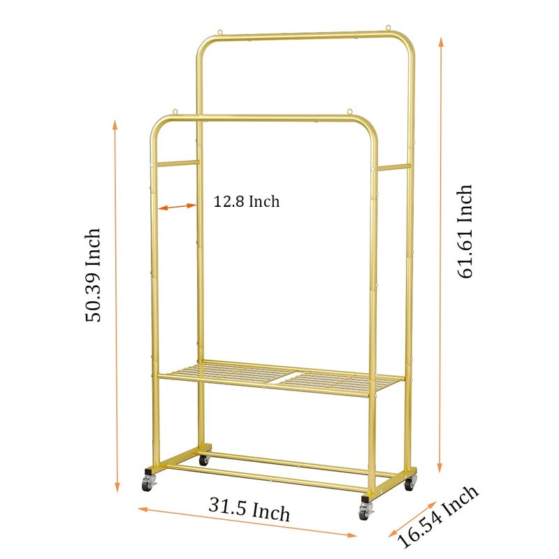 SUOERNUO Clothes Rack with Wheels Garment Rack for Hanging Heavy-Duty Clothing Rack Metal Rolling Clothes Shelves for Bedroom, Closet (Golden) - Image 5