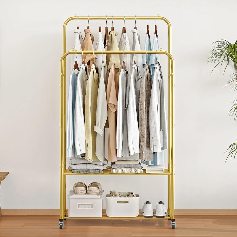 SUOERNUO Clothes Rack with Wheels Garment Rack for Hanging Heavy-Duty Clothing Rack Metal Rolling Clothes Shelves for Bedroom, Closet (Golden) - Image 2