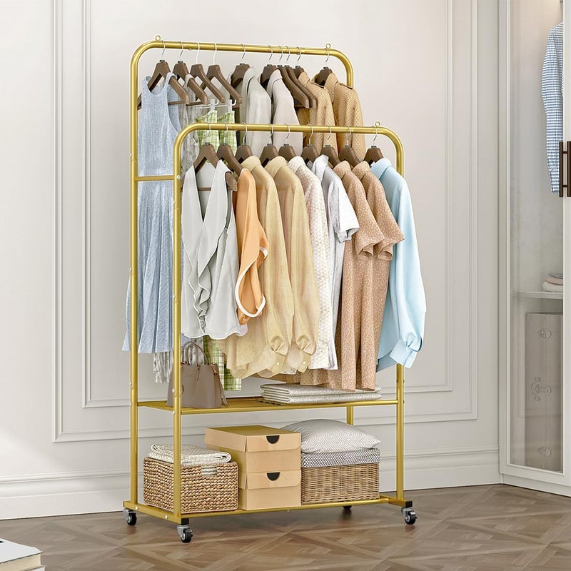 SUOERNUO Clothes Rack with Wheels Garment Rack for Hanging Heavy-Duty Clothing Rack Metal Rolling Clothes Shelves for Bedroom, Closet (Golden) - Image 3