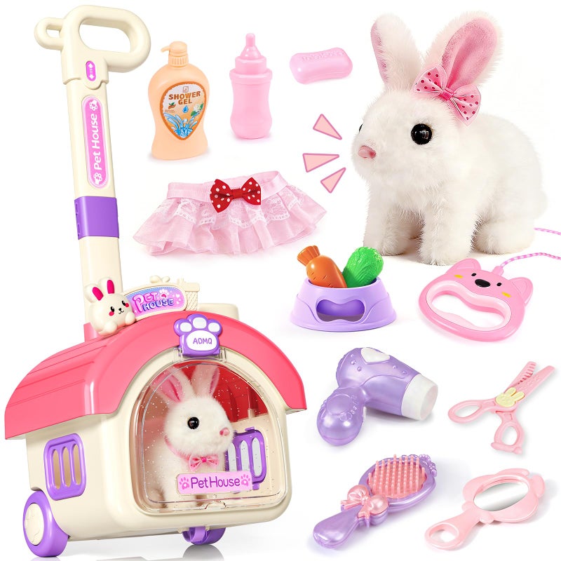 STACTCUTE 23Pcs Hopping Bunny Toy Set for Kids, Easter Interactive Electric Walking Rabbit with Rolling Carrier House, Pretend Play Pet Care Grooming & Feeding Kit, Stuffed Animal Gift for Toddlers 3-5 - Image 1