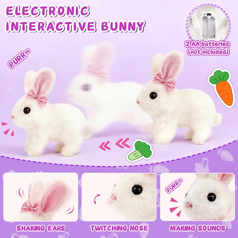 STACTCUTE 23Pcs Hopping Bunny Toy Set for Kids, Easter Interactive Electric Walking Rabbit with Rolling Carrier House, Pretend Play Pet Care Grooming & Feeding Kit, Stuffed Animal Gift for Toddlers 3-5 - Image 4