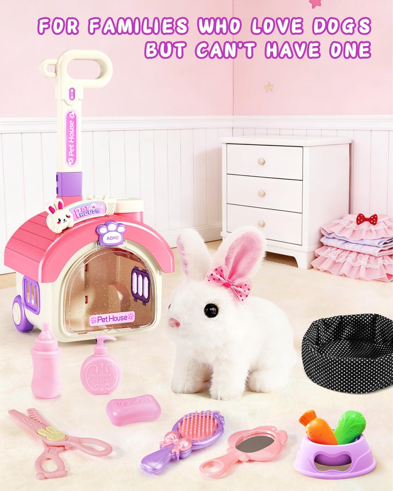 STACTCUTE 23Pcs Hopping Bunny Toy Set for Kids, Easter Interactive Electric Walking Rabbit with Rolling Carrier House, Pretend Play Pet Care Grooming & Feeding Kit, Stuffed Animal Gift for Toddlers 3-5 - Image 2