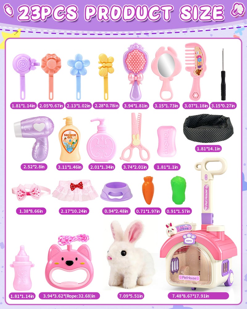 STACTCUTE 23Pcs Hopping Bunny Toy Set for Kids, Easter Interactive Electric Walking Rabbit with Rolling Carrier House, Pretend Play Pet Care Grooming & Feeding Kit, Stuffed Animal Gift for Toddlers 3-5 - Image 3