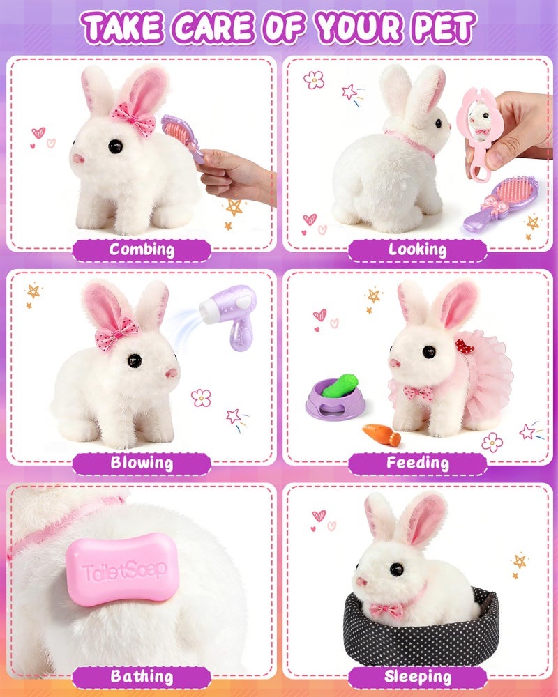 STACTCUTE 23Pcs Hopping Bunny Toy Set for Kids, Easter Interactive Electric Walking Rabbit with Rolling Carrier House, Pretend Play Pet Care Grooming & Feeding Kit, Stuffed Animal Gift for Toddlers 3-5 - Image 5