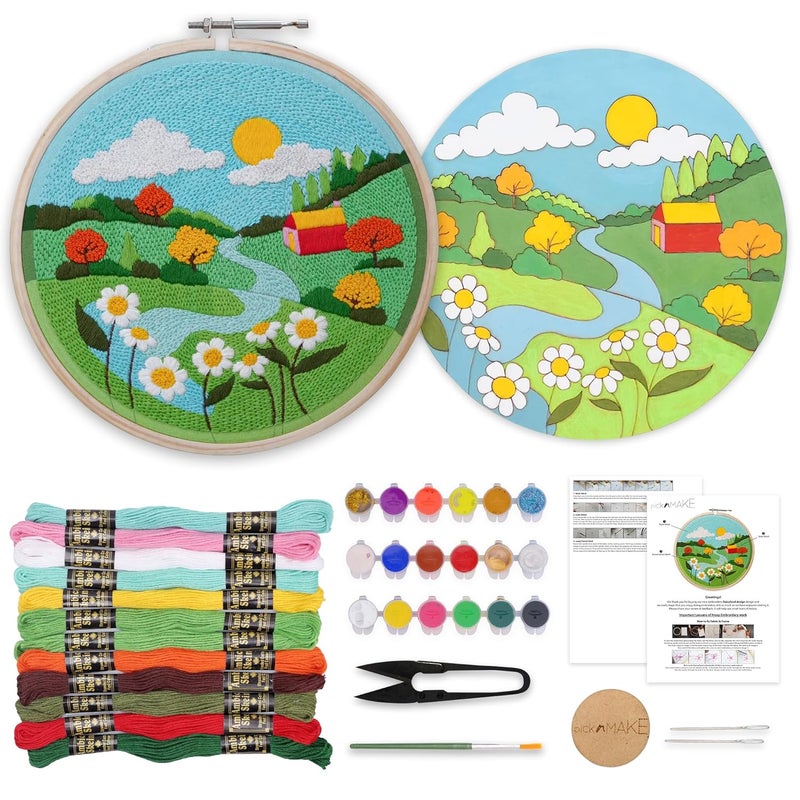 picknMAKE DIY Landscape Beginners Embroidery & MDF Painting Combo Kit | Art & Craft Kit for Adults & Kids | Includes Threads, Frame, Fabric, Needle, Colors, MDF Board & More | Ideal Gift & Hobby Kit - Image 1