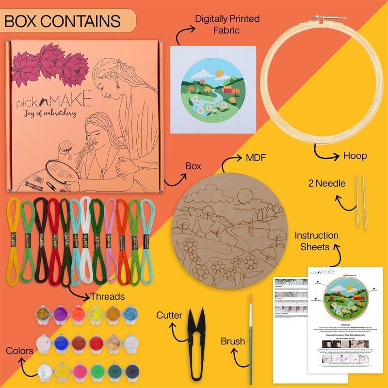 picknMAKE DIY Landscape Beginners Embroidery & MDF Painting Combo Kit | Art & Craft Kit for Adults & Kids | Includes Threads, Frame, Fabric, Needle, Colors, MDF Board & More | Ideal Gift & Hobby Kit - Image 2