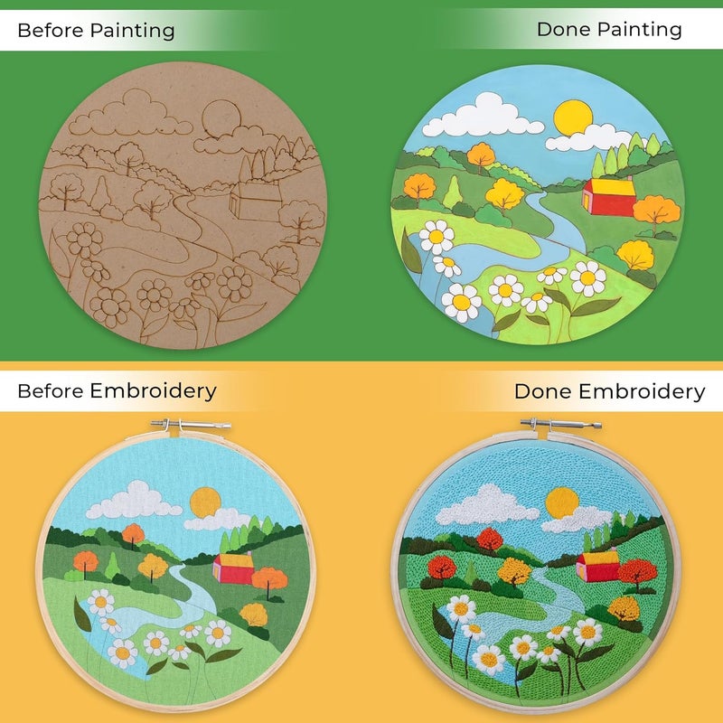 picknMAKE DIY Landscape Beginners Embroidery & MDF Painting Combo Kit | Art & Craft Kit for Adults & Kids | Includes Threads, Frame, Fabric, Needle, Colors, MDF Board & More | Ideal Gift & Hobby Kit - Image 4