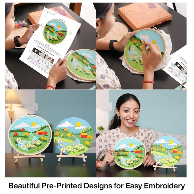 picknMAKE DIY Landscape Beginners Embroidery & MDF Painting Combo Kit | Art & Craft Kit for Adults & Kids | Includes Threads, Frame, Fabric, Needle, Colors, MDF Board & More | Ideal Gift & Hobby Kit - Image 3