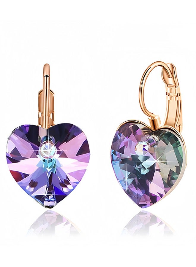 EVEVIC Austrian Crystal Heart Drop Leverback Earrings for Women 14K Rose Gold Plated Hypoallergenic Jewelry - Image 1