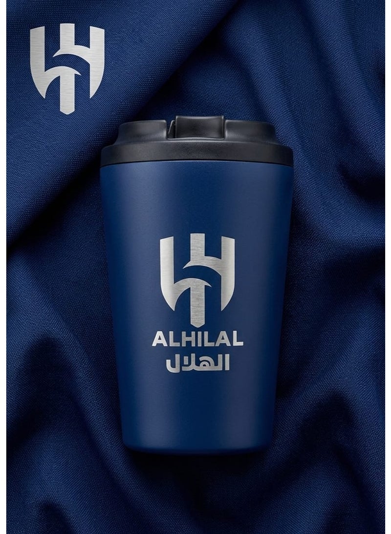 كوب قهوة حراري معزول ستانلس ستيل بطبعة شعار نادي الهلال السعودي سعة 350 مل - أزرق داكن