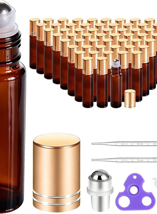 PrettyCare Roller Bottles For Oils 10 ml (Amber Glass, 60 Pack, 10 Extra Stainless Steel Balls, 72 Labels, 4 Opener, 4 Funnels Essential Oil Roller Bottles, Roller on Bottles - Image 1