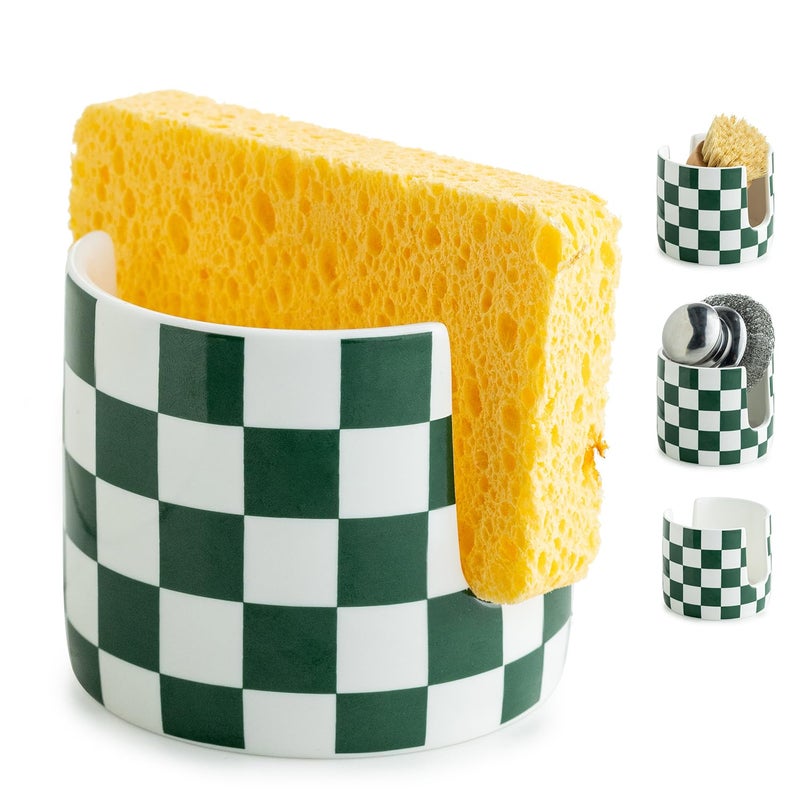 Zoeeker Ceramic Kitchen Sponge Holder, Dish Sponge Holder Suitable for Scrubby Farmhouse Dish Rack Brush Holder for Christmas Bathroom, Kitchen, Sink, Green and White - Image 1
