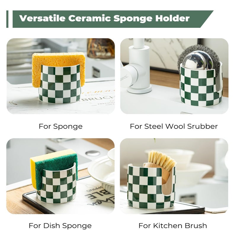 Zoeeker Ceramic Kitchen Sponge Holder, Dish Sponge Holder Suitable for Scrubby Farmhouse Dish Rack Brush Holder for Christmas Bathroom, Kitchen, Sink, Green and White - Image 4
