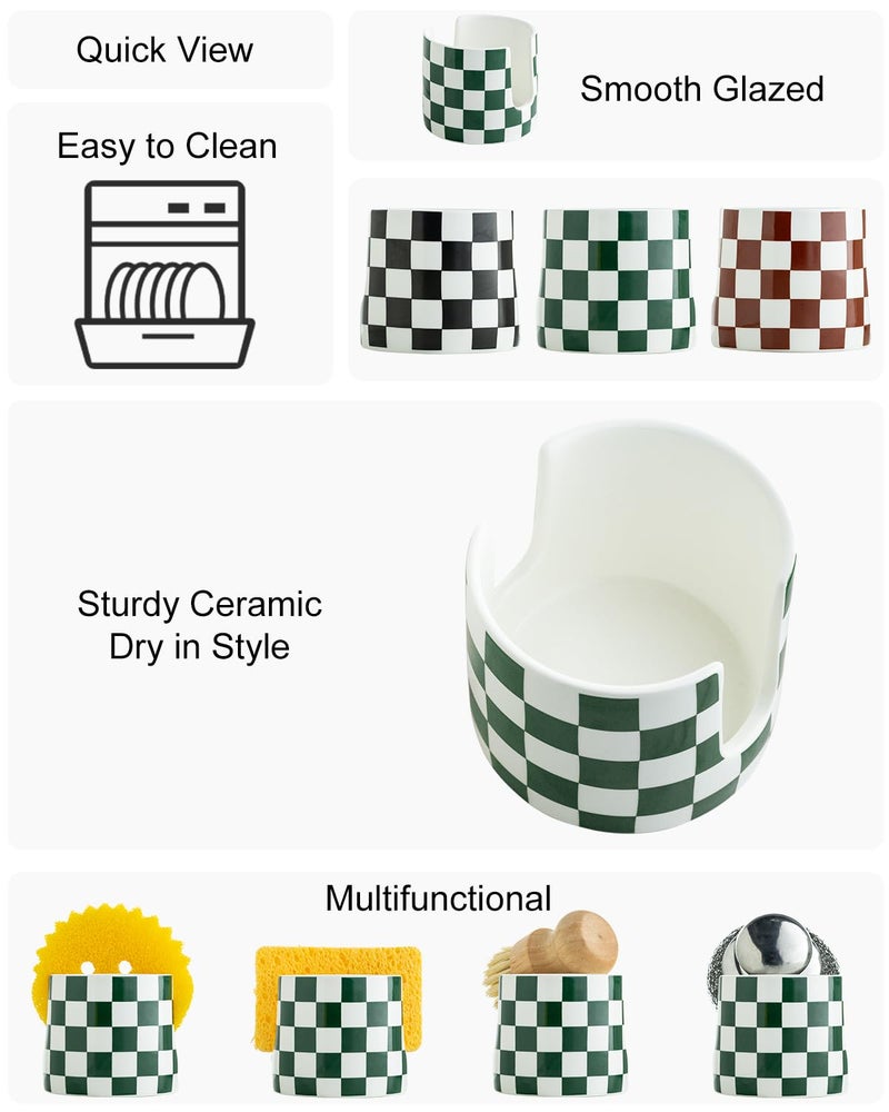 Zoeeker Ceramic Kitchen Sponge Holder, Dish Sponge Holder Suitable for Scrubby Farmhouse Dish Rack Brush Holder for Christmas Bathroom, Kitchen, Sink, Green and White - Image 3