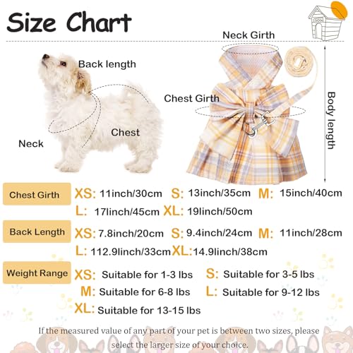 Potchen 4 Pcs Cute Plaid Dog Dress Set with Bow Tie Harness Leash for Small Dogs Puppy Clothes for Girls OutfitsXSLight Color - Image 3