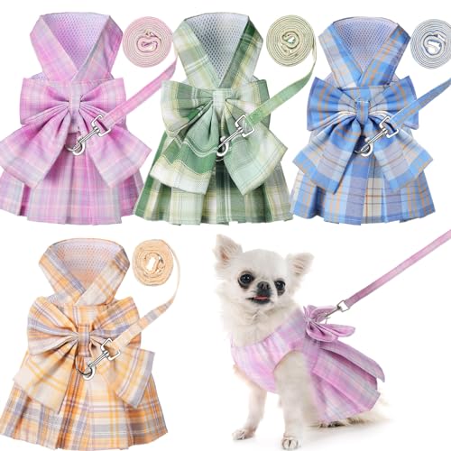 Potchen 4 Pcs Cute Plaid Dog Dress Set with Bow Tie Harness Leash for Small Dogs Puppy Clothes for Girls OutfitsXSLight Color - Image 1