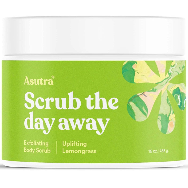 ASUTRA Dead Sea Salt Essential Oil Body Scrub Exfoliator Uplifting Lemongrass 16 oz Ultra Hydrating Gentle Moisturizing Coconut Lemongrass and Ylang Ylang Oils
