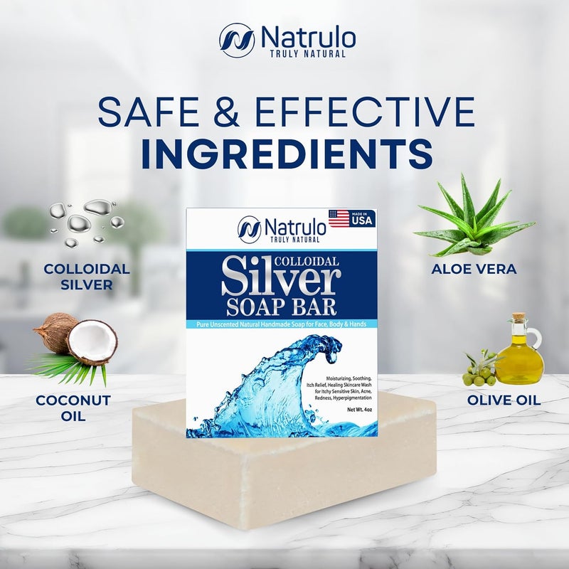 Natrulo Colloidal Silver Soap Bar 4oz Unscented Natural Handmade in USA Pure Cleanser for Face Body Hands Cleansing Moisturizing Soothing Itch Relief Wash for Sensitive Skin Acne Hyperpigmentation - Image 5