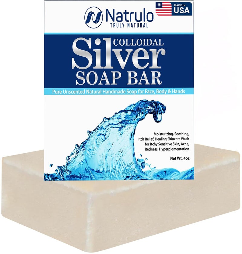 Natrulo Colloidal Silver Soap Bar 4oz Unscented Natural Handmade in USA Pure Cleanser for Face Body Hands Cleansing Moisturizing Soothing Itch Relief Wash for Sensitive Skin Acne Hyperpigmentation - Image 1