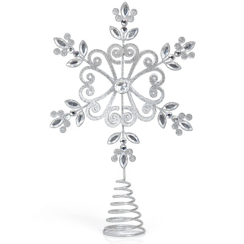 Ornativity Flower Snowflake Tree Topper  Silver Glitter Designed Floral Snow Flake Toppers Xmas Ornament Holiday Trees Decor with Sparkling Gem Detailed Christmas Star Tree Top Decorations 115