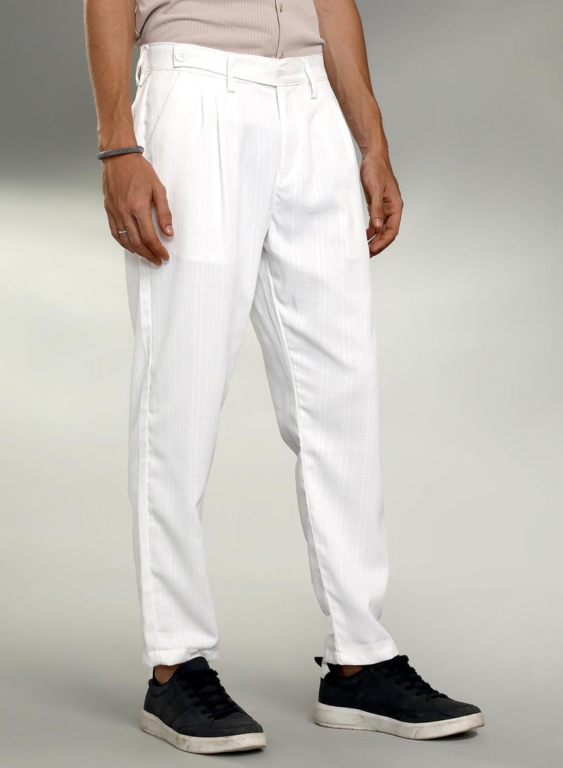 Campus Sutra Men's Cream White Pleated Tailored Trousers For Casual Wear | Mid-Rise | 3 Pockets | Button Closure | Trousers Crafted With Comfort Fit For Everyday Wear - Image 3