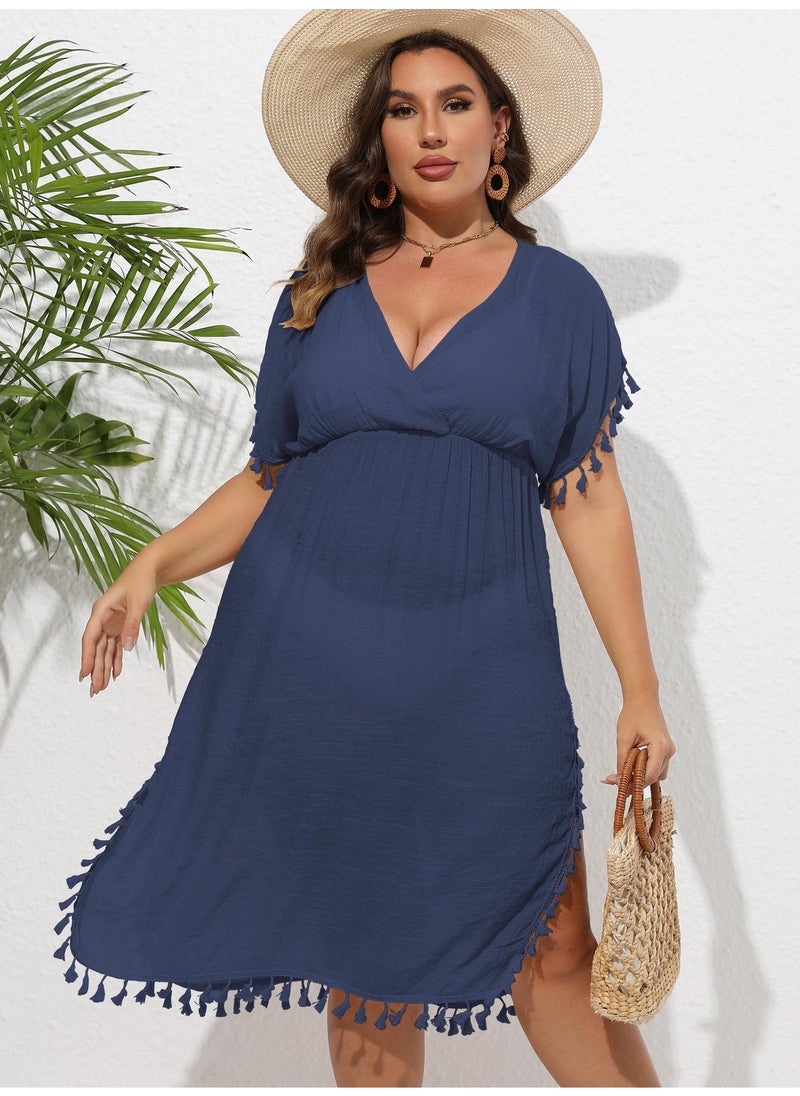 Plus Size Boho Tassel Trim Deep V Beach Bikini Cover-Up Dress Apricot - Image 2