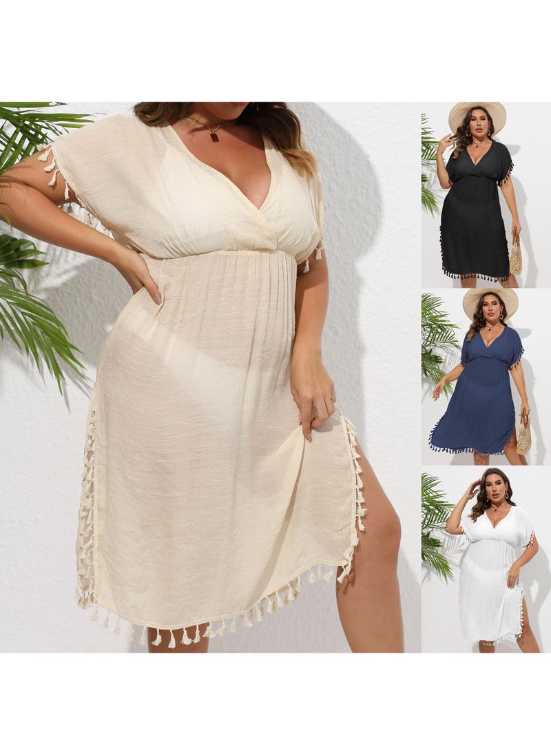 Plus Size Boho Tassel Trim Deep V Beach Bikini Cover-Up Dress Apricot - Image 5