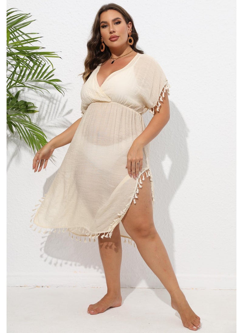 Plus Size Boho Tassel Trim Deep V Beach Bikini Cover-Up Dress Apricot - Image 1