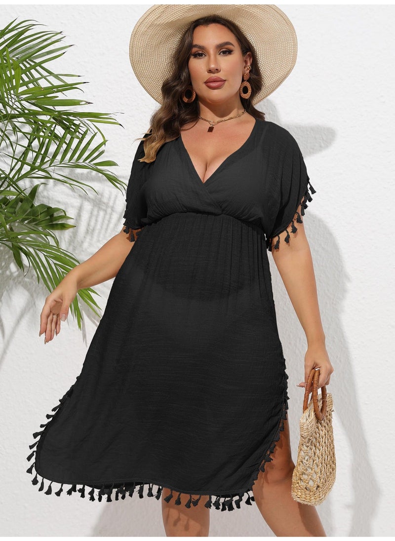 Plus Size Boho Tassel Trim Deep V Beach Bikini Cover-Up Dress Apricot - Image 4