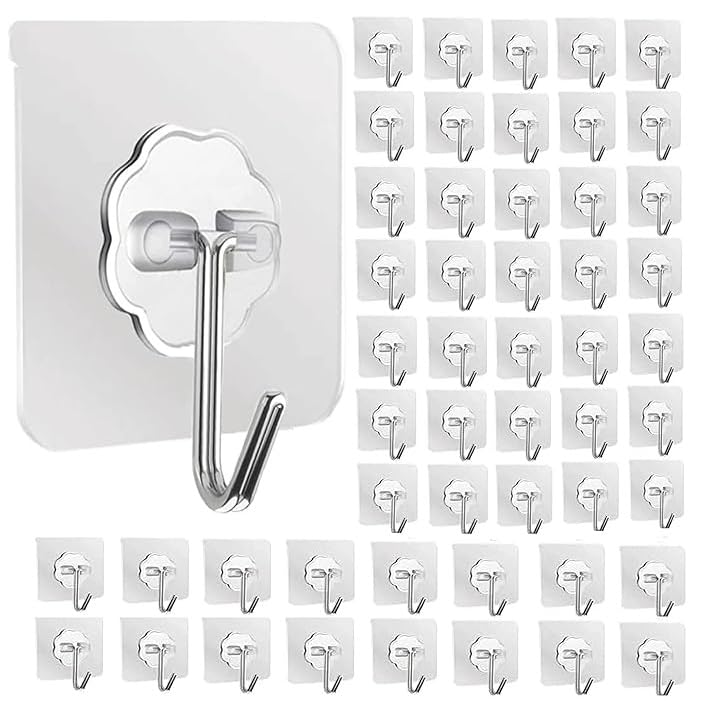 AZARIA 45 Pcs Hooks for Wall Heavy Items – Self Adhesive Wall Hooks, Wall Hooks for Hanging Strong 5kg, Wall Hook Sticker Heavy Duty, Nail Free Sticky Hangers with Stainless Hooks Reusable (45 Pcs) - Image 1