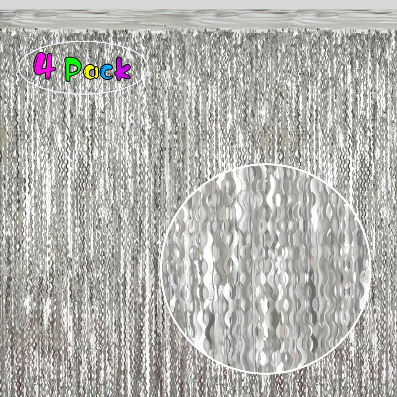 KEEUH 4 Pack 3.3x6.6ft Silver Foil Fringe Backdrop - Wavy Metallic Tinsel Foil Curtains Photo Booth Backdrop for Birthday Wedding Holiday | Silver Streamers Celebration Bachelorette Party Decorations - Image 2