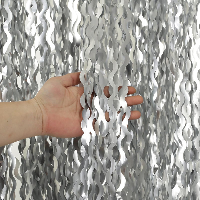 KEEUH 4 Pack 3.3x6.6ft Silver Foil Fringe Backdrop - Wavy Metallic Tinsel Foil Curtains Photo Booth Backdrop for Birthday Wedding Holiday | Silver Streamers Celebration Bachelorette Party Decorations - Image 1
